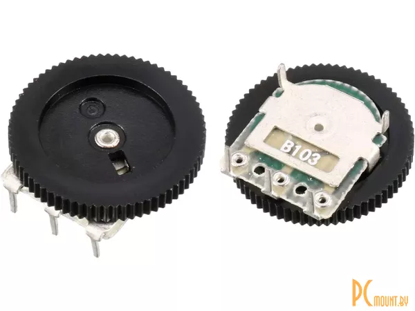 Резистор переменный (потенциометр) c колесиком, B103 10K Ohm, 5-Pin, stereo, сдвоенный, 16мм x 2мм, чёрный